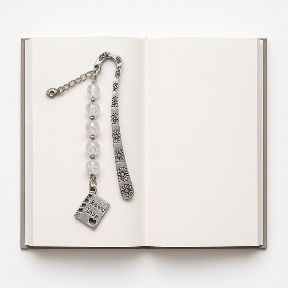 Secret Love Crystal Bead Metal Bookmark Silver Floral Engraved Hook - Picture 1 of 7